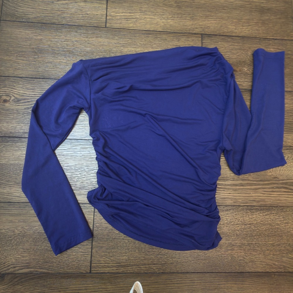 ForeFair Womens Royal Blue Asymmetrical Ruched Long Sleeve Top Small